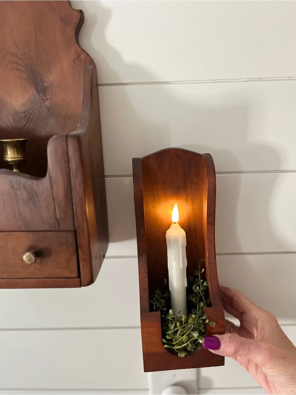 Set Colonial/Country:Farmhouse Wood Candle Wall or Mantel Sconces in Walnut